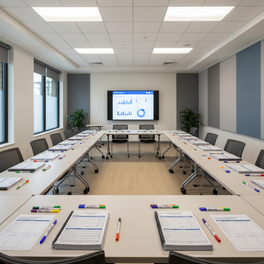 A professional development space prepared for a math coaching session, completely empty of people. Rectangular tables are arranged in a U-shape, each place set with a neatly stacked packet of math data reports, colorful markers, and blank planning templates. At the front, a large wall-mounted screen shows a blurred dashboard of student progress charts and MTSS tiers. Soft overhead LED lighting blends with indirect daylight from side windows, creating a clean, focused environment. Photographic realism at a slightly elevated angle captures the entire room, emphasizing structure, organization, and a reflective, goal-oriented mood suitable for school leaders and instructional teams.