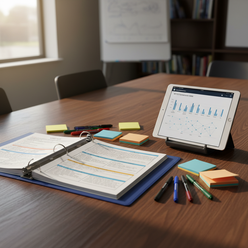 A close-up, photographic-realistic shot of a sturdy wooden conference table prepared for a math PLC meeting, with no people present. In the center lies an open binder displaying a detailed unit plan with visible, but not legible, math standards and assessment checkpoints. Surrounding it are color-coded sticky notes, fine-tip pens, and a tablet showing a blurred data visualization of student performance across an MTSS framework. Soft afternoon light from a nearby window casts gentle highlights on the glossy tablet screen and subtle shadows between materials. Captured from a slightly elevated, over-the-shoulder perspective with shallow depth of field, the mood is thoughtful, analytical, and deeply professional.