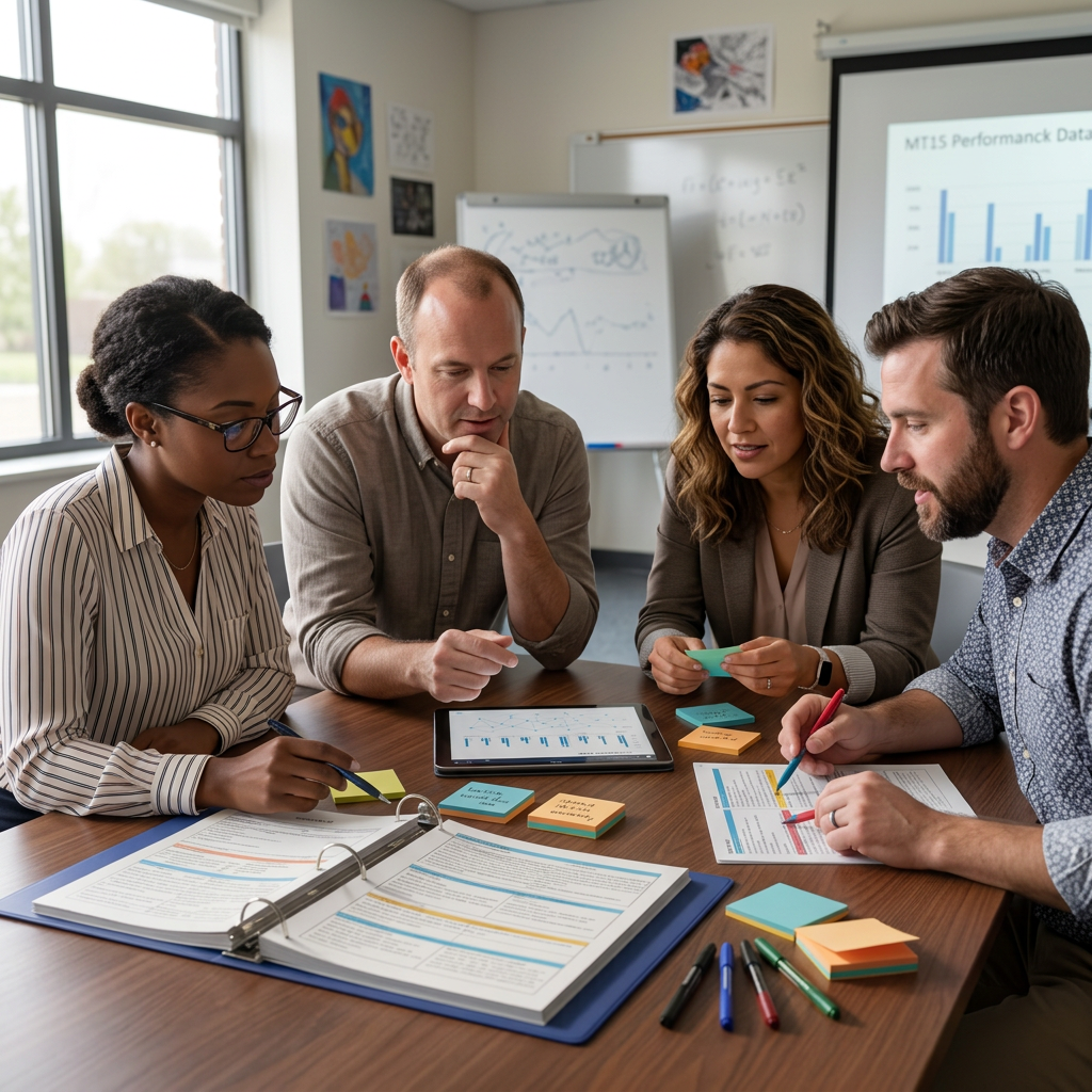 Four coworkers examining charts and notes around a table discussing project data